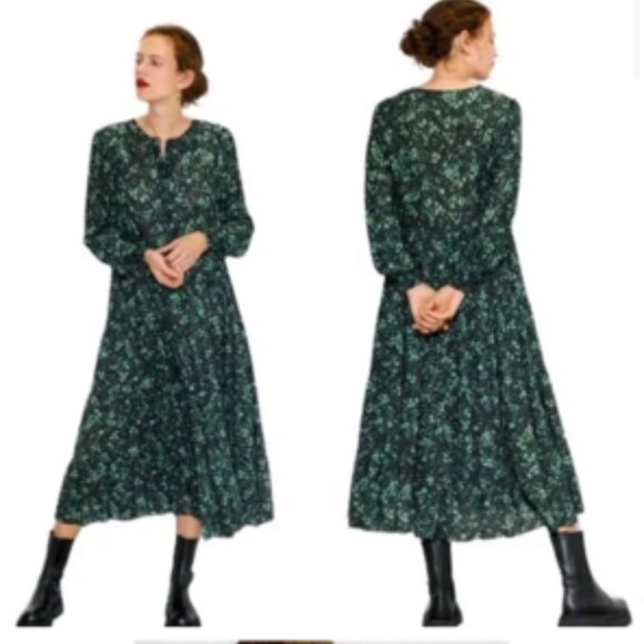 ZARA THE ANGEL DRESS FLORAL MIDI IN GREEN/BLACK Sz. XS - Picture 3 of 6